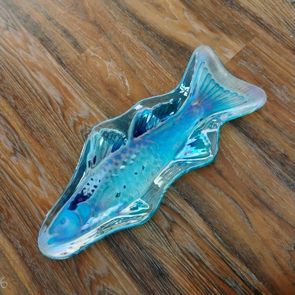 Blue Glass Fish Decorative Serving Dish, Coastal Centerpiece Platter, 18" Tray - Picture 9 of 9